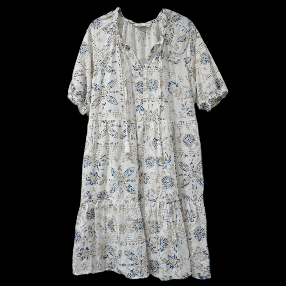 SONOMA Boho Blue Tan Tiered Floral Patterned Dress, Ruffle Details, Size L